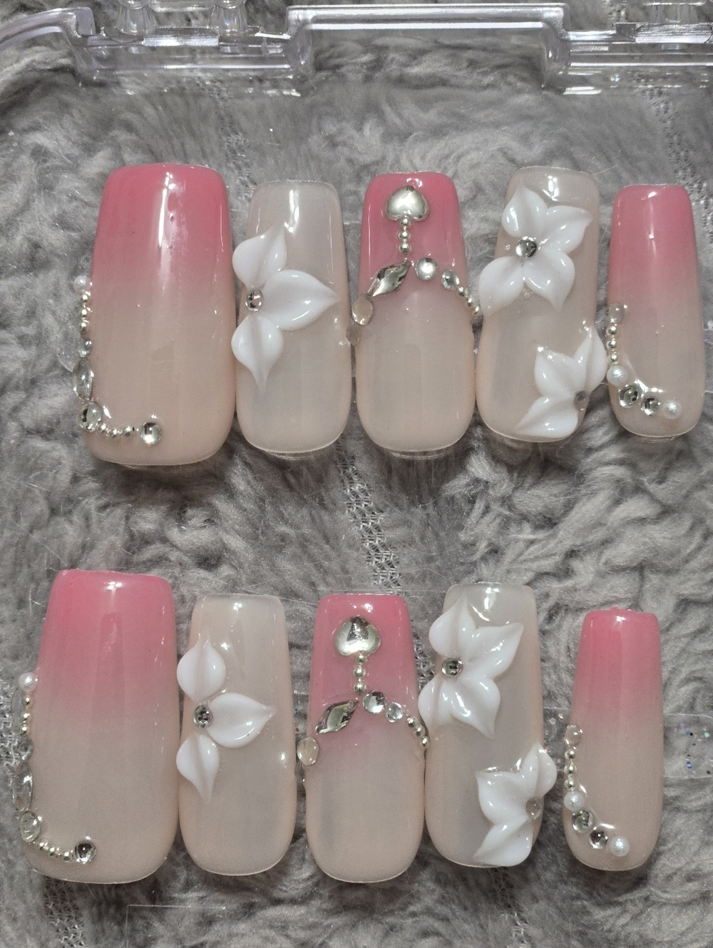 Pink Ombre Press-on Nail Set with 3D White Floral & Rhinestone, Medium Length